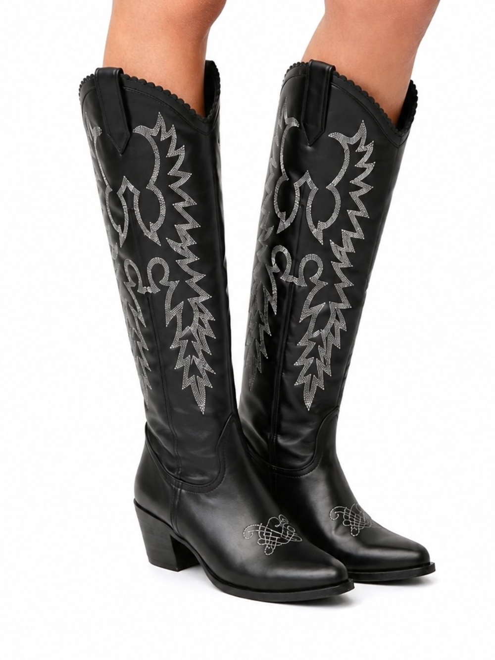 Black Embroidered Knee-High Western Boots - Women‎